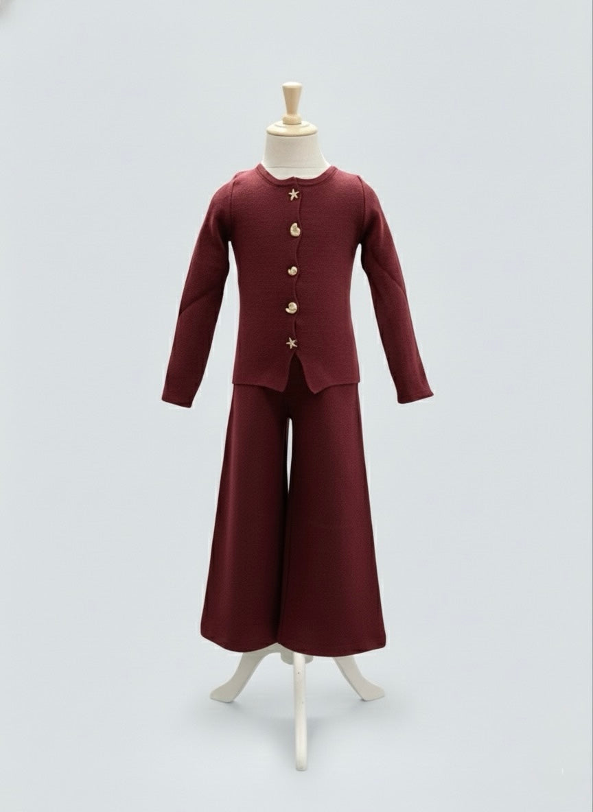 Ensemble deux pièces en maille avec boutons dorés - bordeaux