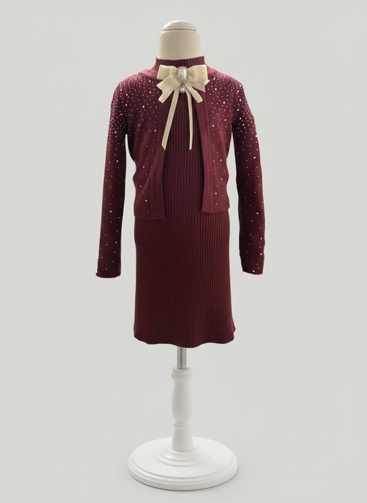 Robe en maille manches courtes avec gilet boléro assorti - bordeaux