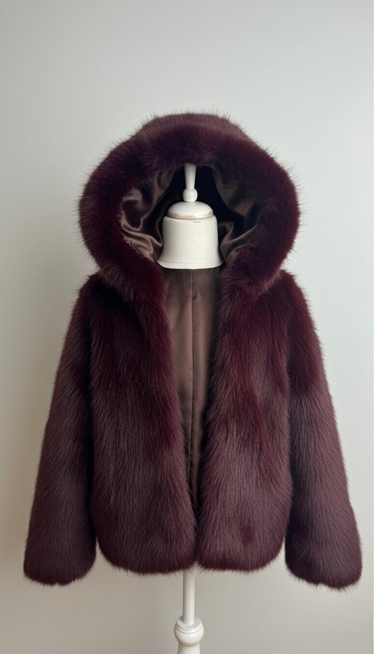Veste en fourrure avec capuche - bordeaux
