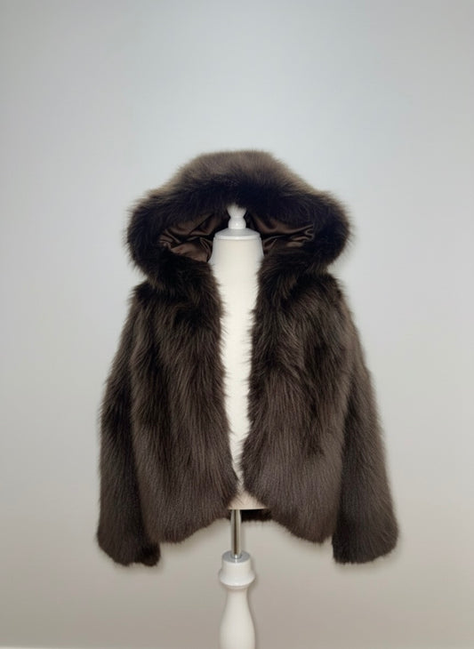 Veste en fourrure avec capuche - marron
