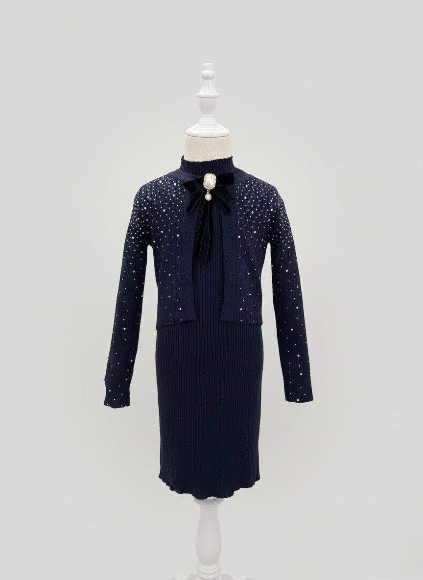 Robe en maille manches courtes avec gilet boléro assorti - bleu marine